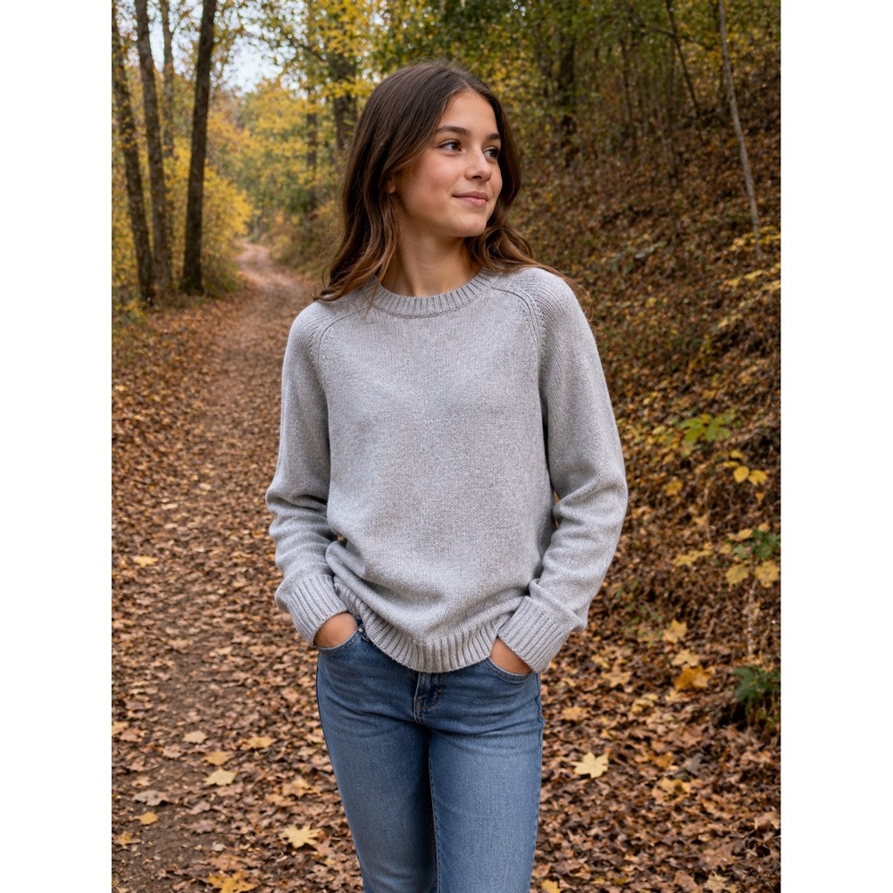 Zara Crewneck Sweater Girls Size 11-12 Gray Raglan Sleeve Ribbed Knit Classic